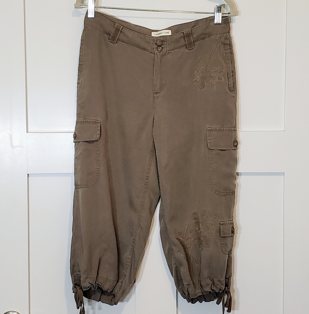 Coldwater Creek Tencel Embroidered Cargo Cropped Pants Machine Wash Sz 8P Brown